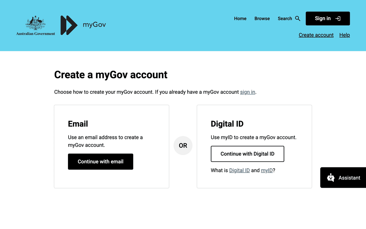 myGov 계정 생성 화면 — Create a myGov account