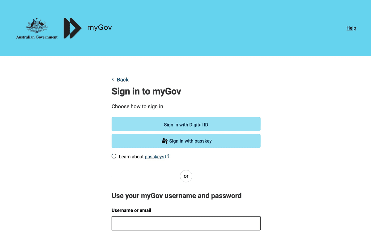 myGov 로그인 화면 — Sign in to myGov